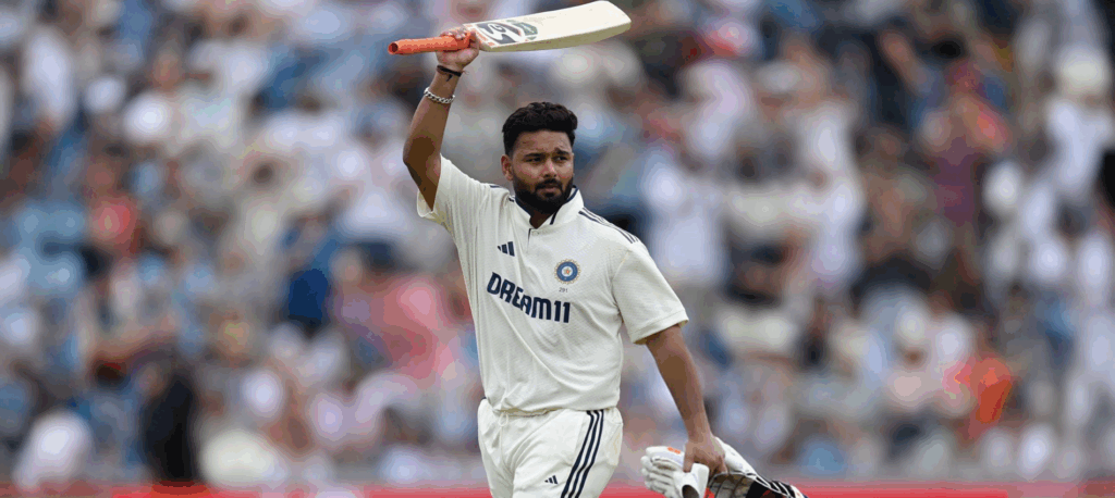 Rishabh Pant raises bat after scoring century for India in Headingley Test against England