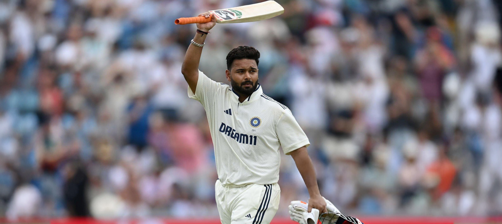 Rishabh Pant raises bat after scoring century for India in Headingley Test against England